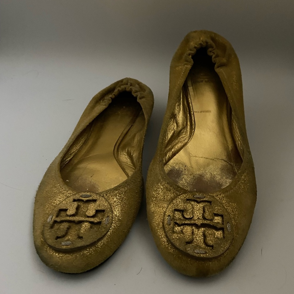 Tory Burch Muted Glitter Gold Metallic Logo Medallion Ballet Flats